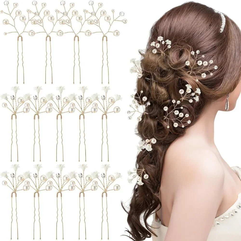 14 Pcs Baby's Breath Hair Pins Boho Bridal Pearl Flower Wedding Hair Accessories